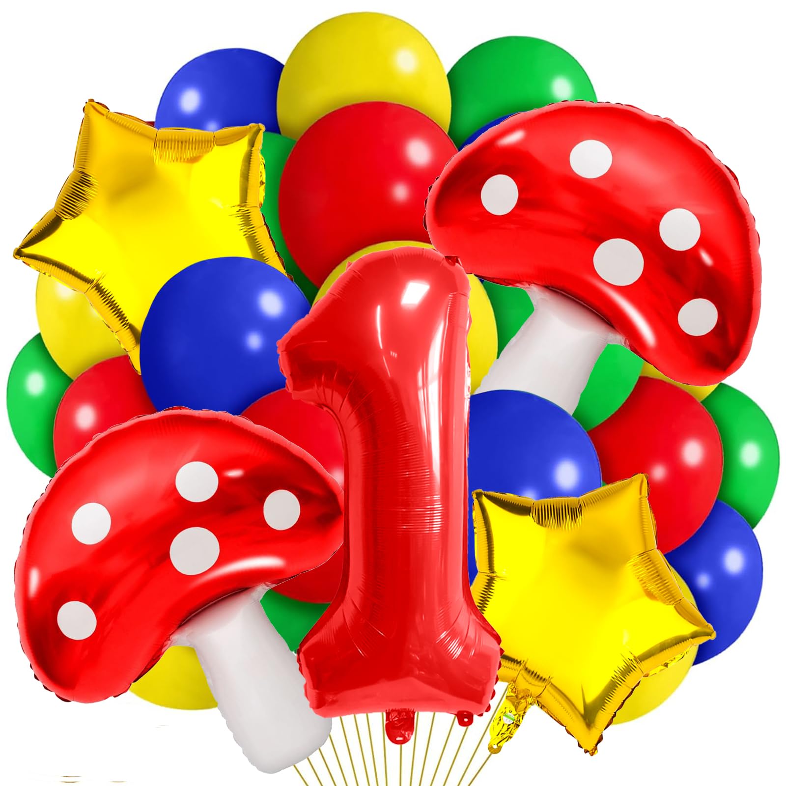 1 Balloon Number Red Blue Green Yellow Balloon Cartoon Mushroom Decorations Star Balloons for Birthday, Carnival, Party Activities, Cartoon Video Game