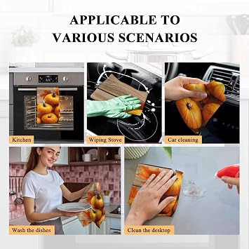 Fall Pumpkins Kitchen Towels, Absorbent Microfiber Kitchen Dish Hand Tea Bath Towel, Thanksgiving Orange Maple Brown Wooden Grain Quick Dry Cleaning Cloth Dishclothes Decorative Sets, (2-PC, 18x28)
