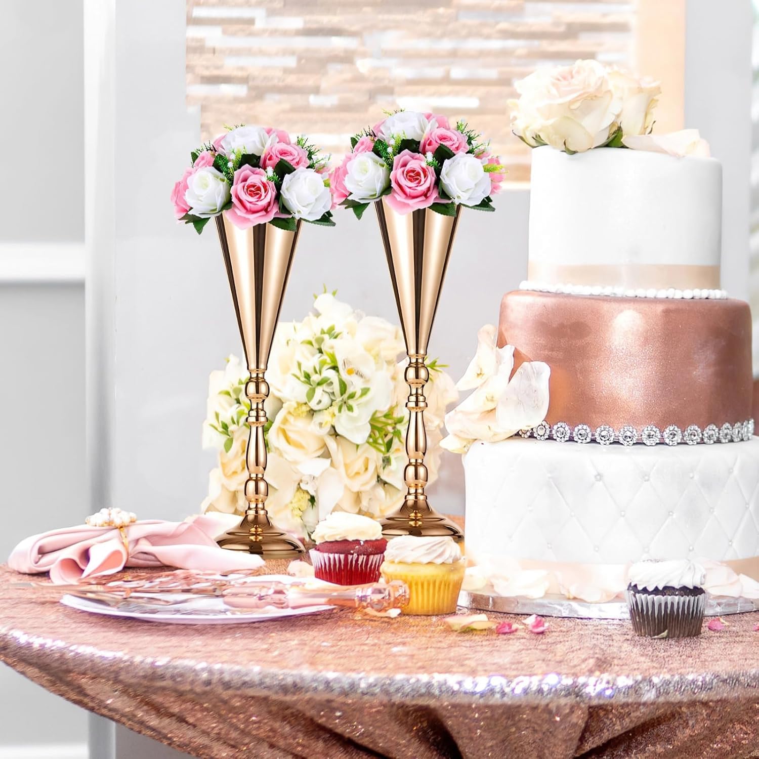 6 Pcs Trumpet Vases, Tall Gold Vases for Centerpieces, 16.5 Inch Gold Flower Vase, Ideal for Wedding, Party, Anniversary, Birthday Table Decor