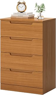 4 Drawer Dresser for Closet, Grain Solid Wood Dressers Tall Wooden Modern Chest of Drawers, Walnut Dresser for Bedroom Living Room Hallway, Caramel