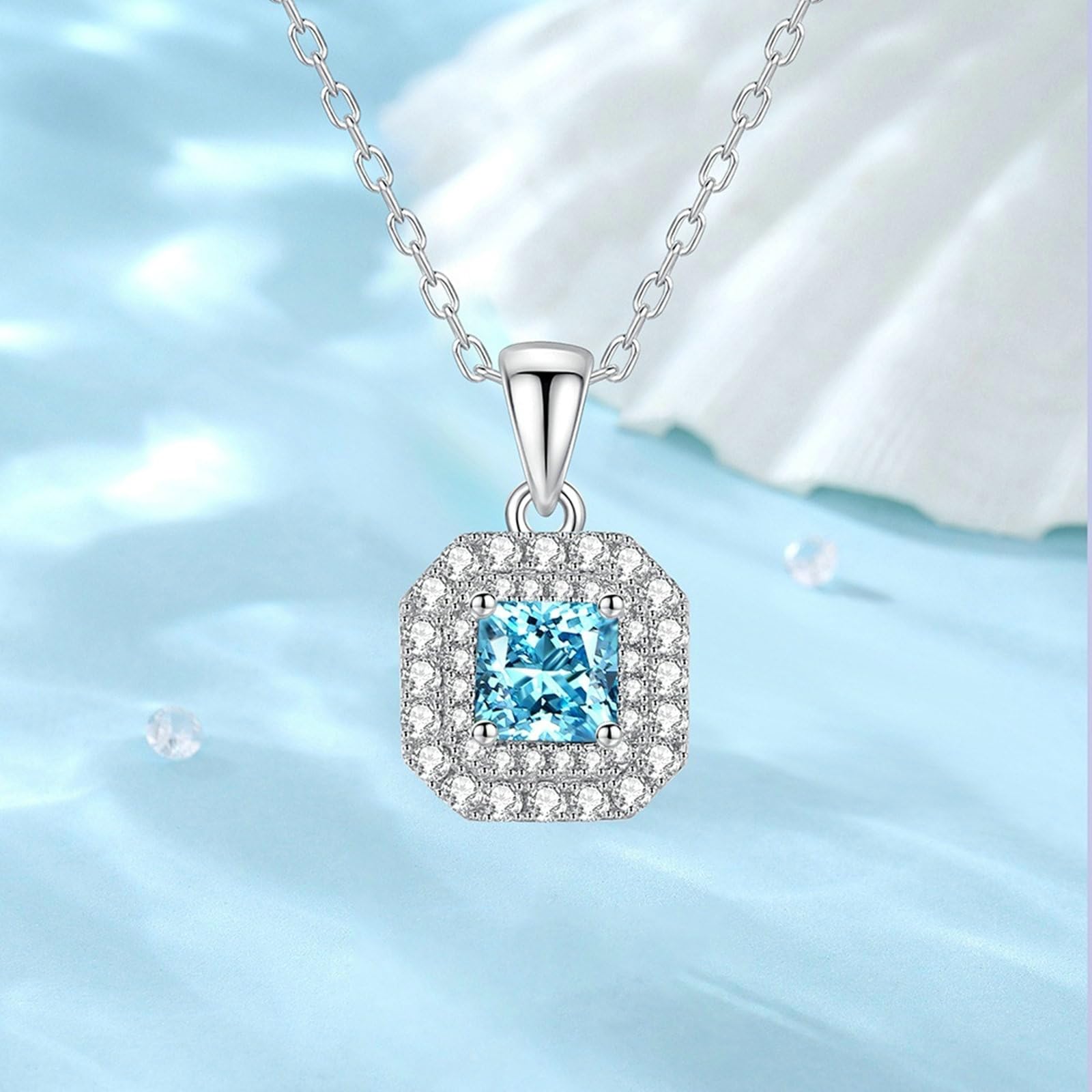 Wycian Collana da donna in oro bianco 18 carati con topazio blu e moissanite, collana geometrica con simbolo dell'infinito, 45 cm
