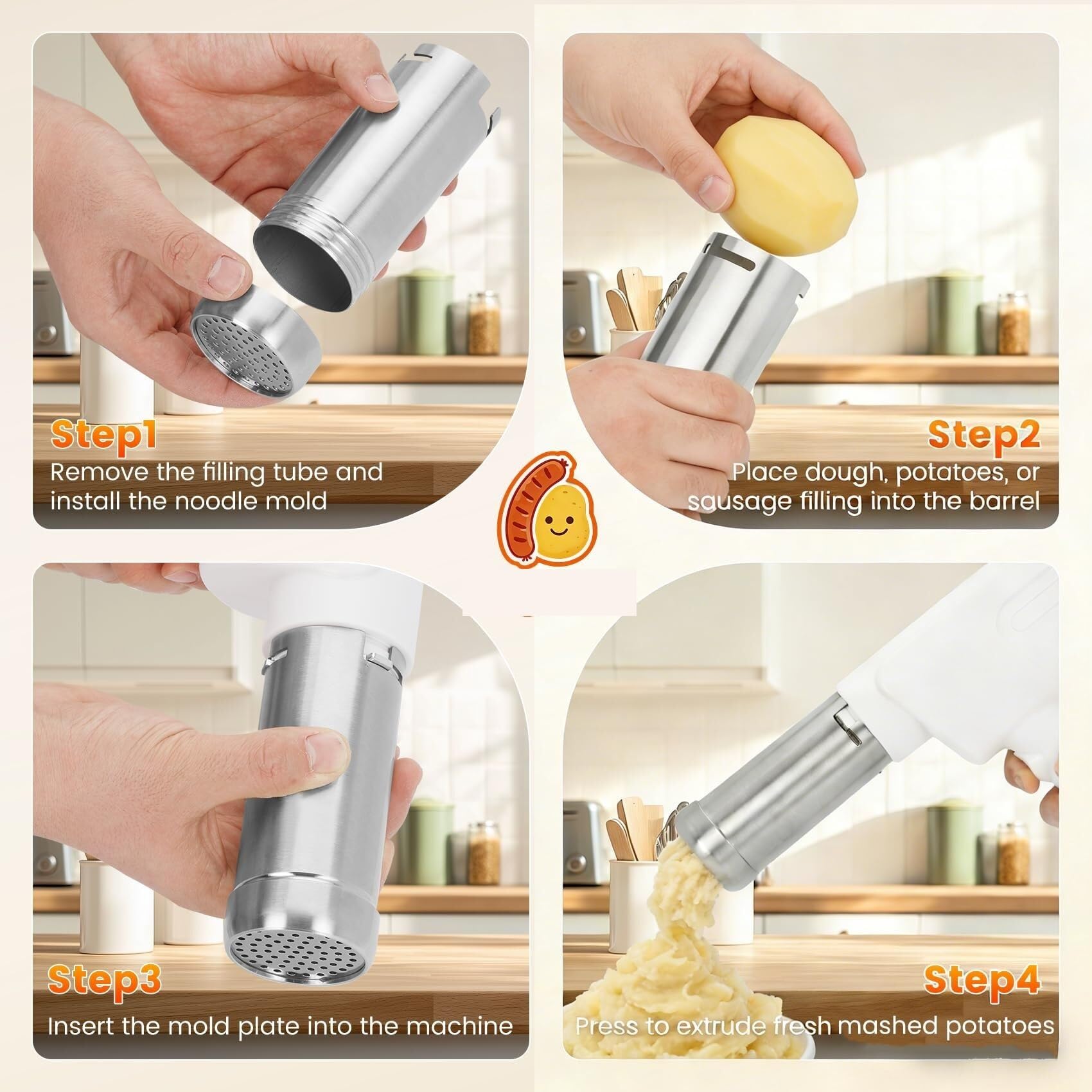 Elektrischer Kartoffelstampfer & Presse, 5-in-1 Handheld mit 5 Scheiben, 5s 198.4 g cremiger Stampfer, Lebensmittelqualität 304 Edelstahl, spülmaschinenfest, ideal für Thanksgiving & hausgemachtes