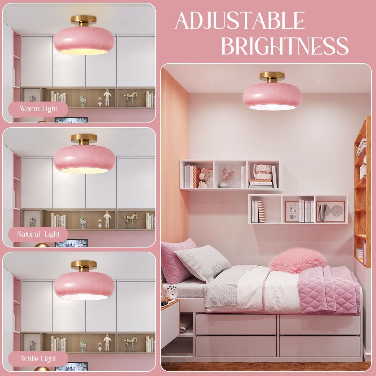 Pink Flush Mount Ceiling Light, Mid Century Modern Ceiling Light Fixtures with Dome Glass Shade Gold Brass Ceiling Lamp Glass Globe Ceiling Light for Hallway Bedroom Porch Entrance