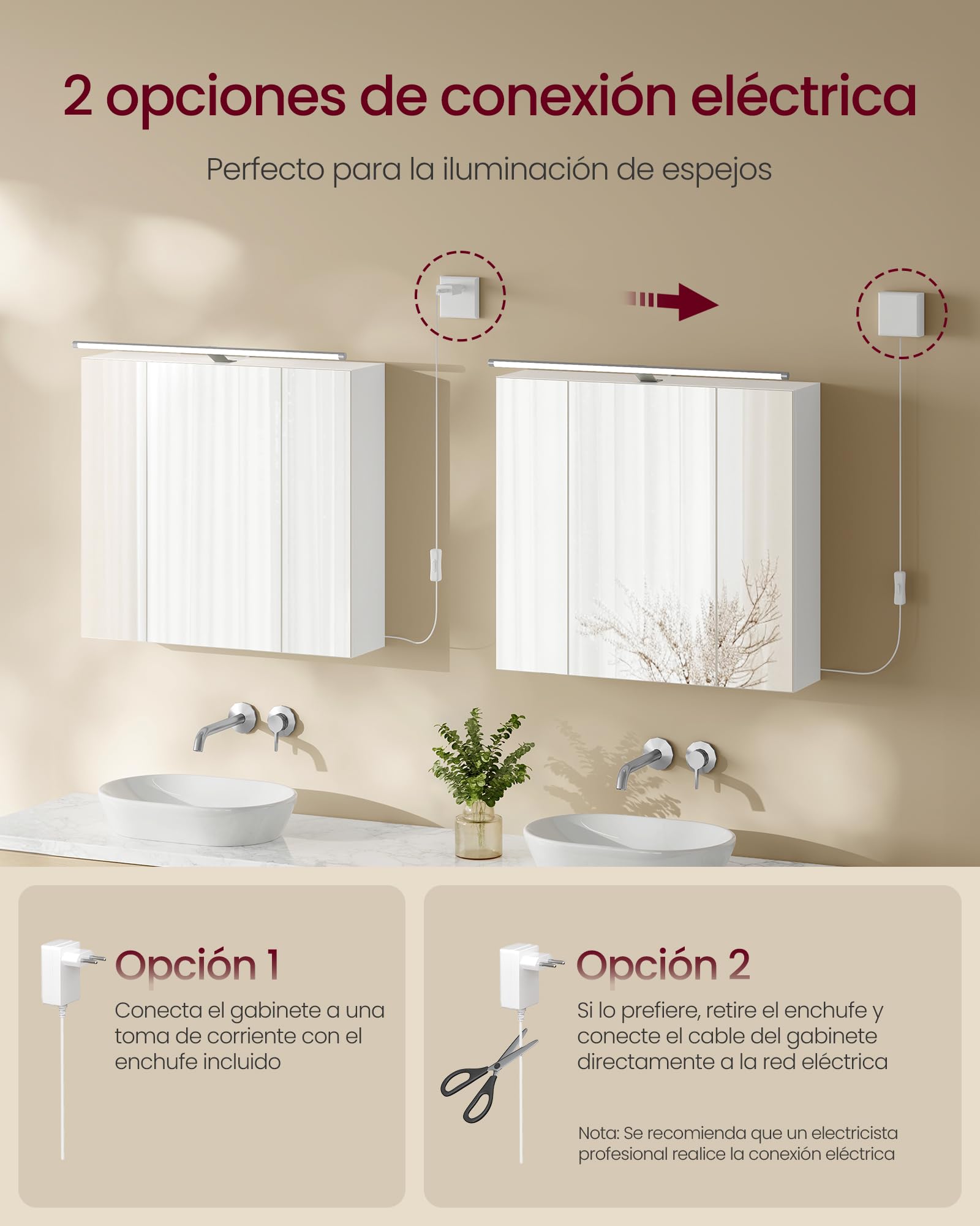 VASAGLE Kailyn Colección - Armario de Baño de Pared con 3 Puertas con Espejo e Iluminación, Estantes Ajustables, Estilo Moderno, 15 x 60 x 55 cm, Blanco Nube BBK138WB01