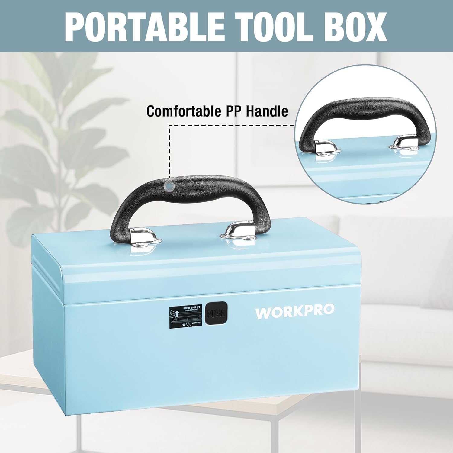 WORKPRO 10.8" Portable Mini Metal Tool Box with Removable Color-Matching Tray, One-Button Latch Toolbox, Steel Tool Chest with PP Handle, Compact Storage Organizer for Home, Office or Workshop