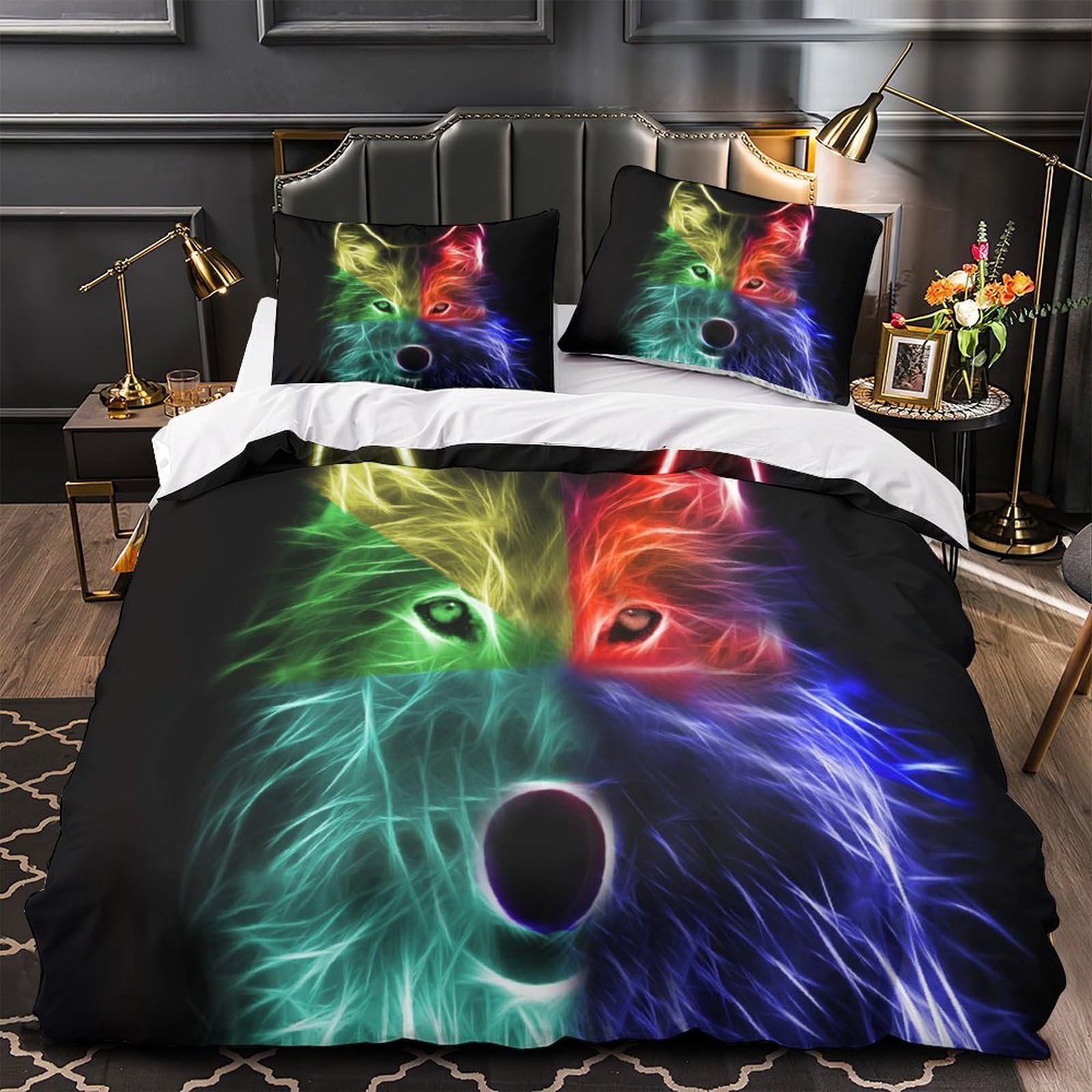 Housse de couette loup néon anti-acariens avec zip pour lit ado
