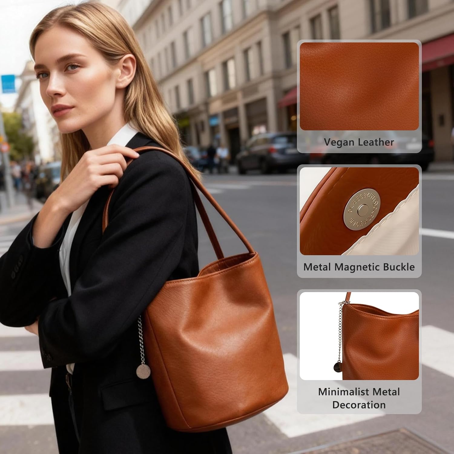 Bucket Bag for Women Soft Leather Shoulder Bag Handle Shoulder Purse with Zipper Pocket Commuter Tote Underarm Purse - Image 5