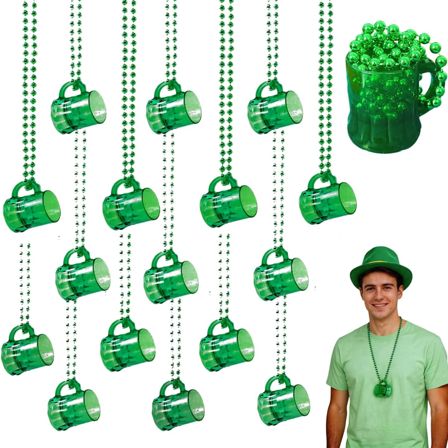 16 PCS St. Patrick's Day Accessories, Party Games Favor Supplies St Patricks Day Beads Necklaces Green Beer Mug Beads, Shot Glass Necklace Bulk for Adults Men Women,Pub Crawl Parade Costume