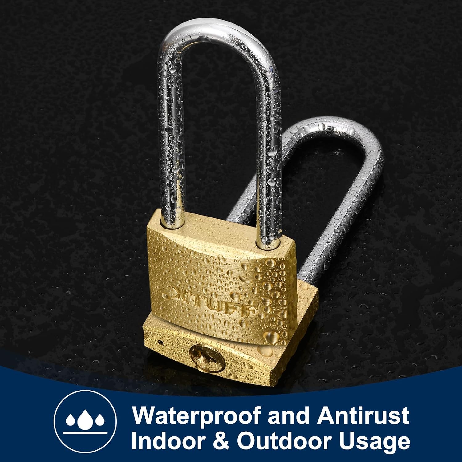 XTUFF padlocks shown with water droplets, indicating waterproof and anti-rust properties.