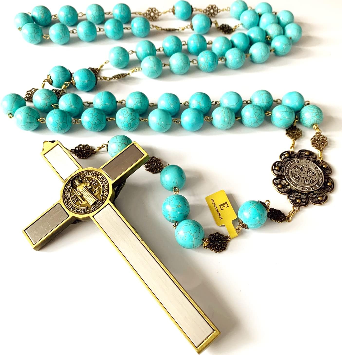 elegantmedical HANDMADE COPPER Home Wall Rosary Large 20mm blue howlite beads St.Benedict cross/crucifix box Catholic GIFTS (Blue)