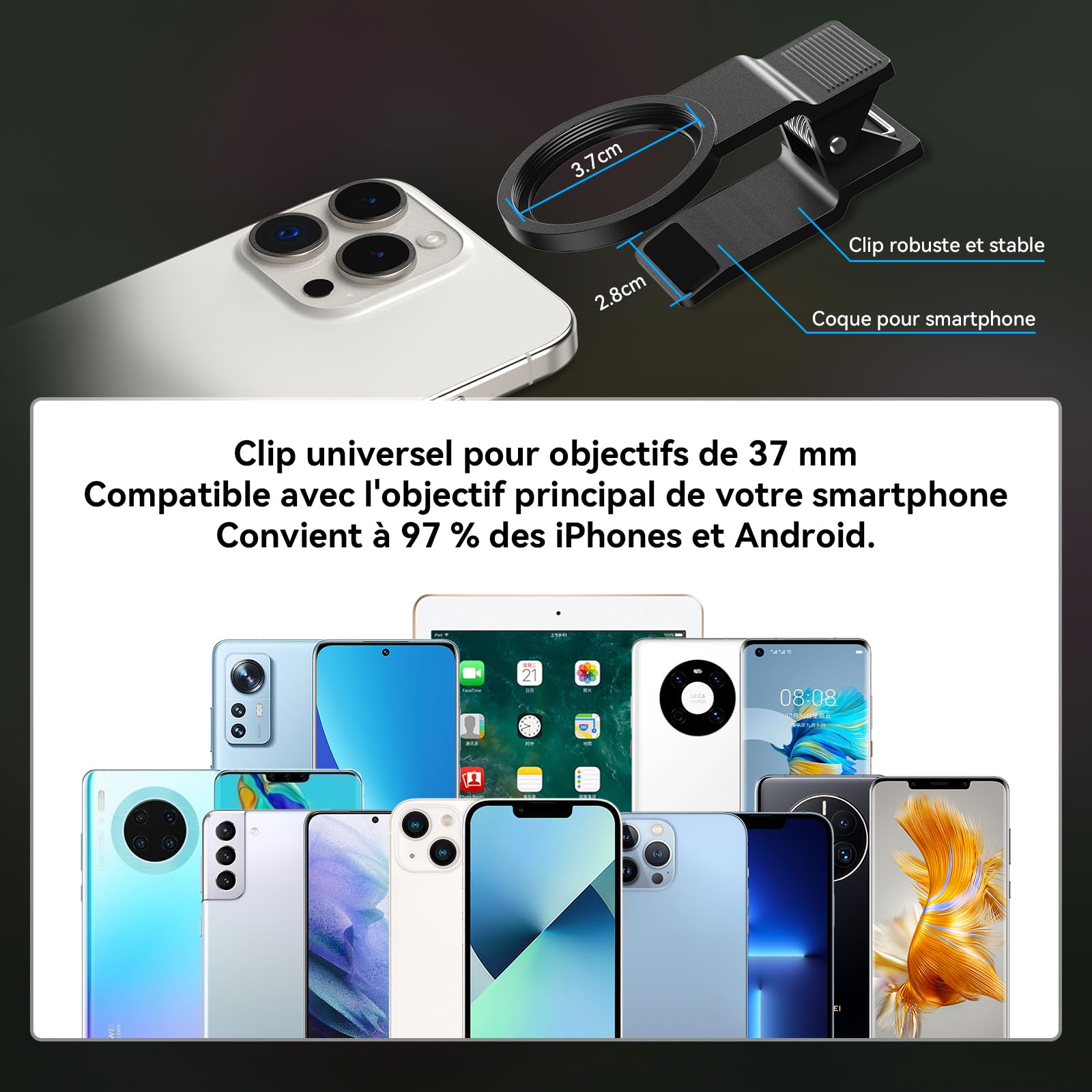 Evil Eye​ Kit d'Objectifs Universel pour iPhone & Smartphone : 140° Grand-Angle & 12,5X Objectif Macro iPhone, à Clip pour Photos Paysages Magnifiques et Gros Plans — Idéal Cadeau