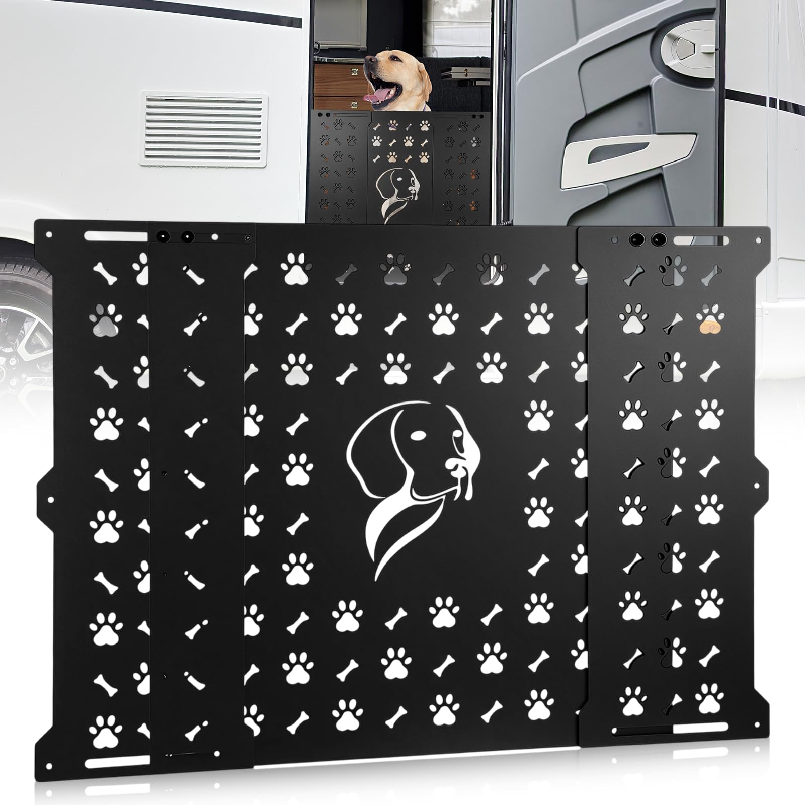 Gisafai 18'' High RV Screen Door Protector for Dogs, Adjustable Aluminum Guard Grille Fits 22"-31.5" Wide Camper Entry Door, Dog Paw and Bone Cutouts, Pet Safety Barrier for RV Trailer Motorhome