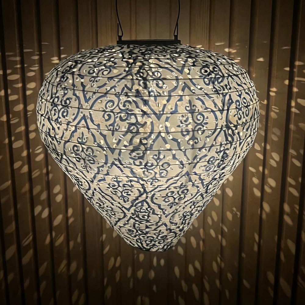 Wrqioo Blue Solar Chinese Lanterns Outdoor, Waterproof Nylon Cloth Japanese Lantern, Hanging Solar Lights Outdoor Garden Lante-Rn, So-Lar Gard-En Lights Hang-Ing, Warm White