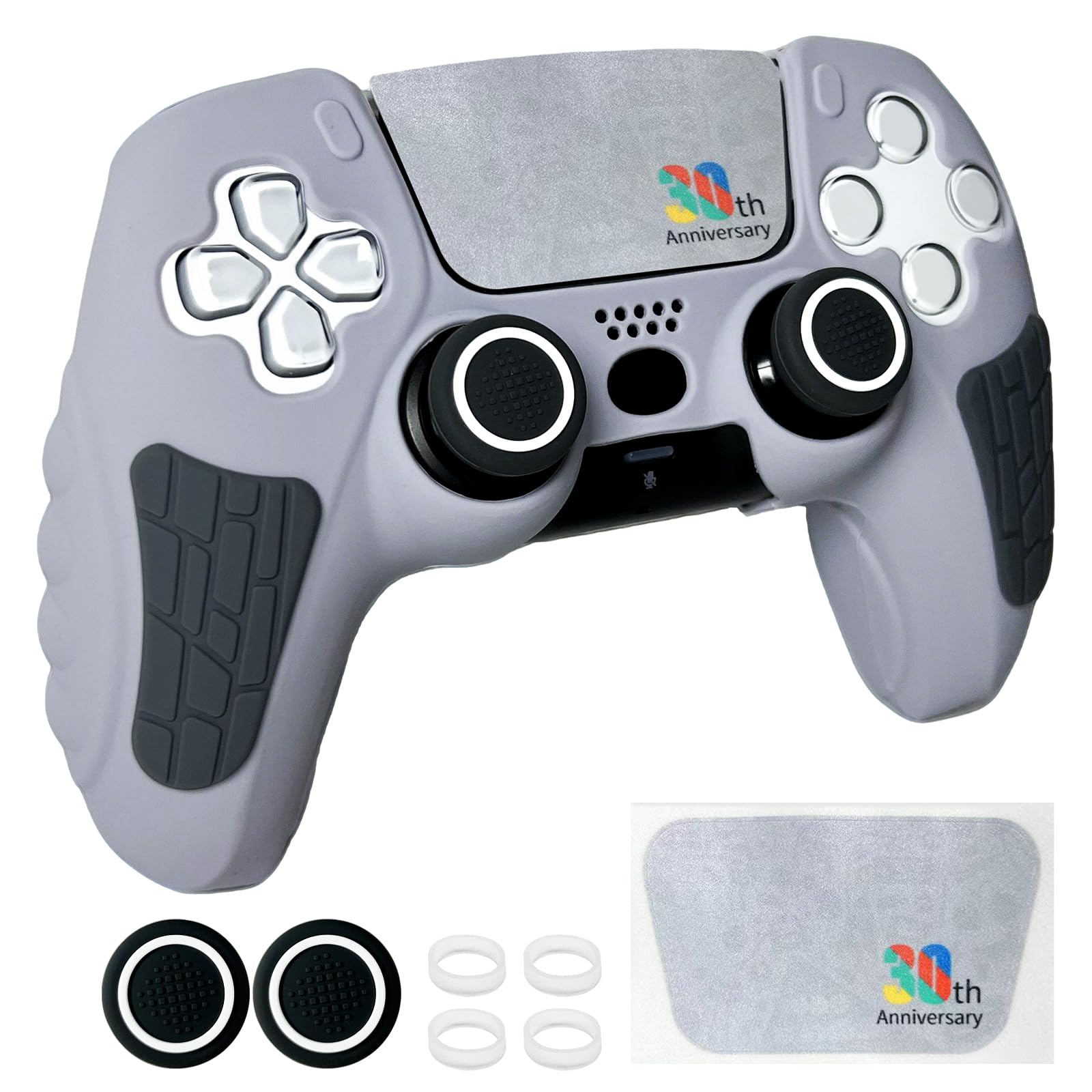 Grey Anti Slip PS5 Controller Skin Set,30th Anniversary Limited Edition Soft Protective Controller Cover Case for PlayStation 5/Slim/Pro Control with Touch Pad Stickers and 2 Thumb Grip Caps