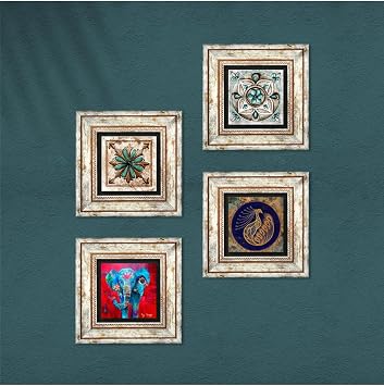 Pinecone Stone Fil, Tavus Kuşu, Fas Desenli Vintage, Çini Sanatı Taş Duvar Tablosu - Çerçeveli Taş Tablo - Dekoratif Duvar Sanatı - Modern Ev ve Ofis Duvar Dekoru T4-298
