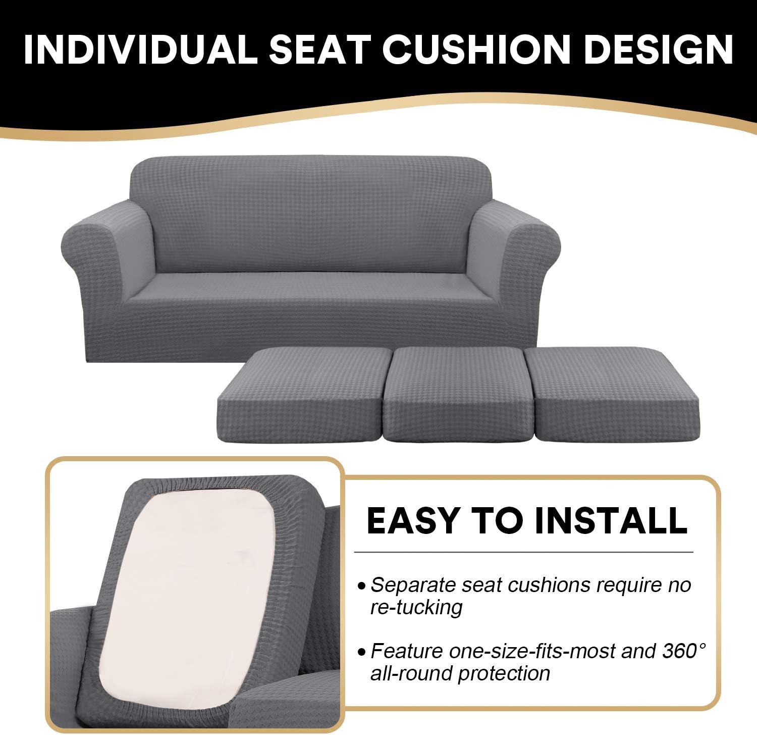 4 Piece Sofa Covers Stretch 3D Modern Pattern Sofa Covers for 3 Cushion Couch Covers Sofa Slipcovers Plus 3 Individual Cushion Covers, Ultra Thick Bouncy Customized (X-Large, Grey)