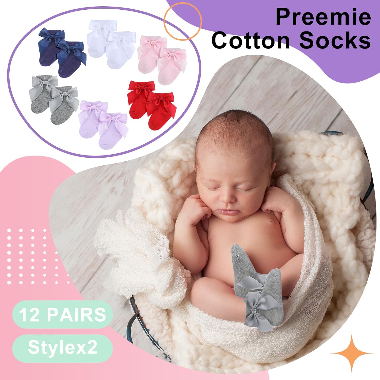 Toulite 12 Pairs Preemie Socks Baby Girls Boys Premature Ruffle Turn Cuff Cotton Sock Hospital NICU for Newborn - Image 3
