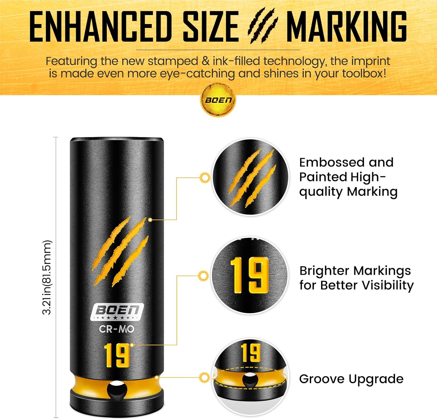 BOEN 15-Piece 1/2" Drive Deep Impact Socket Set, Metric Sockets (8-22mm), 6-Point CR-MO Steel with Deep Embossed and Painted Marking