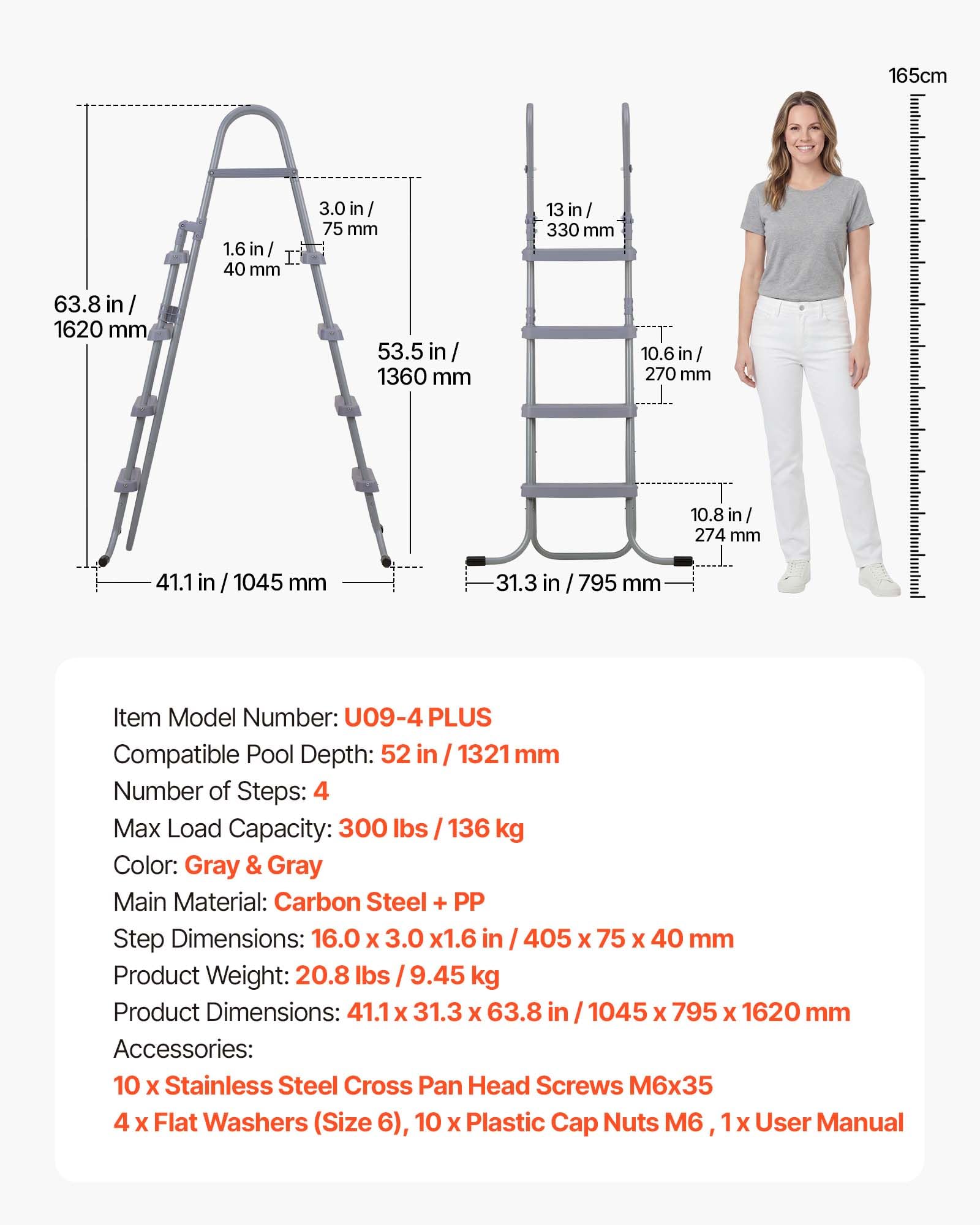 VEVOR Échelle de Piscine Hors Sol 132 cm Acier au Carbone 4 Marches PP Antidérapantes Capacité 136 kg Gris