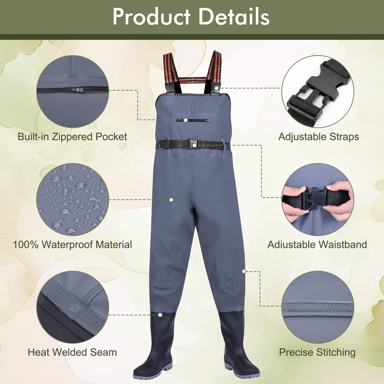 Gugxiom Stiefel-Brustwathose, Wasserdichte Wathose aus verdicktem PVC zum Fischen und Jagen, Einteilige Wathose für Unisex, geeignet zum Fischen, Waten und Arbeiten auf Fischerbooten