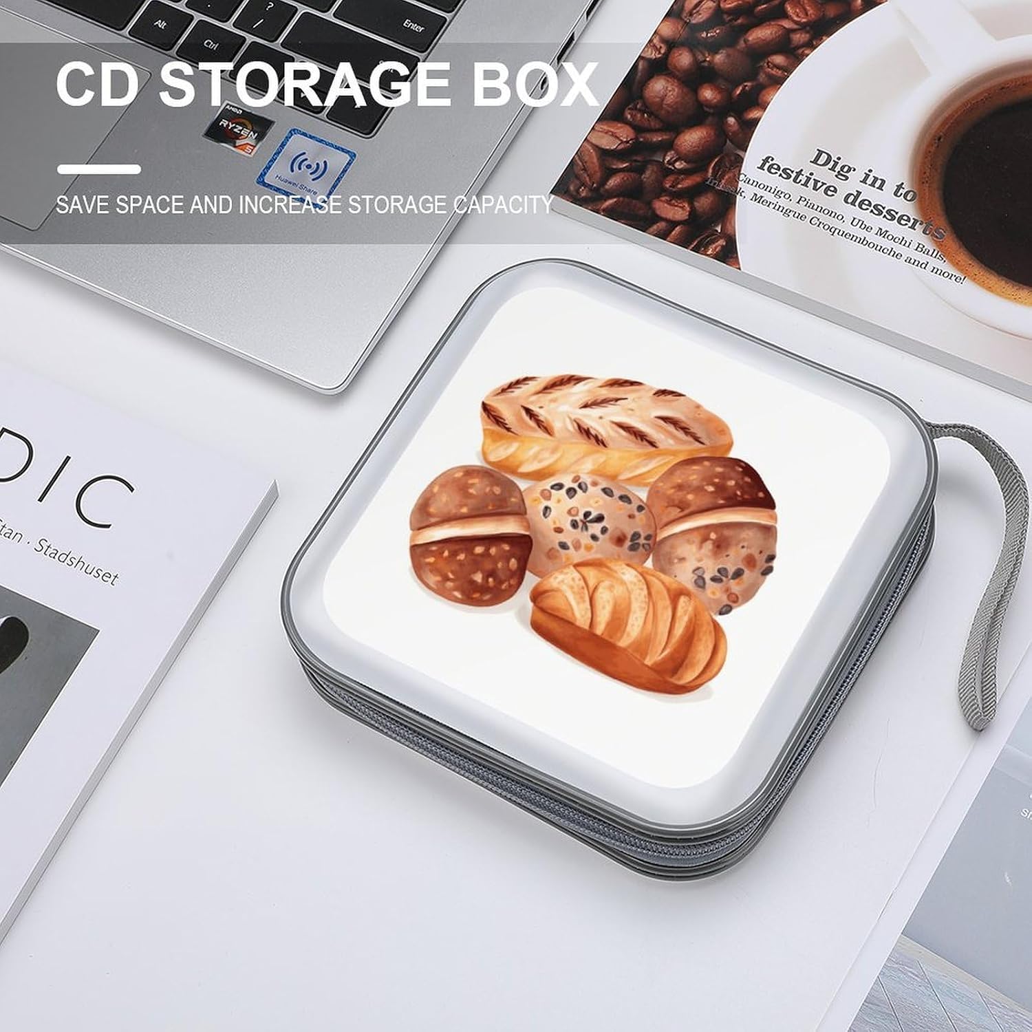 Painted Bread CD Case 40 Capacity DVD Case with Zipper Disc Storage Organizer Portable CD Holder Storage Hard Plastic DVD Wallet Holder Organizer for Home Car Travel image 4