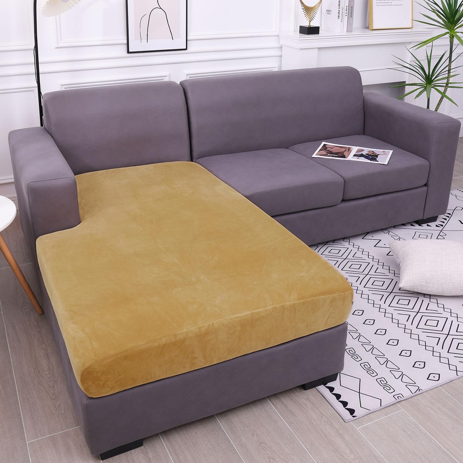 hyha Velvet Couch Cushion Covers, Stretch Chaise Lounge Sectional Couch Seat Covers L Shape for Sectional Sofa, Soft Sofa Cushion Slipcover Washable with Elastic Bottom(XL Chaise, Camel)