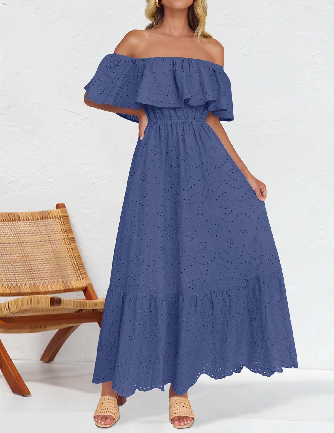 ZESICA Women's 2026 Summer Off Shoulder Ruffle Midi Dress Short Sleeve High Waist Hollow Out Embroidery Party Dresses - Image 2