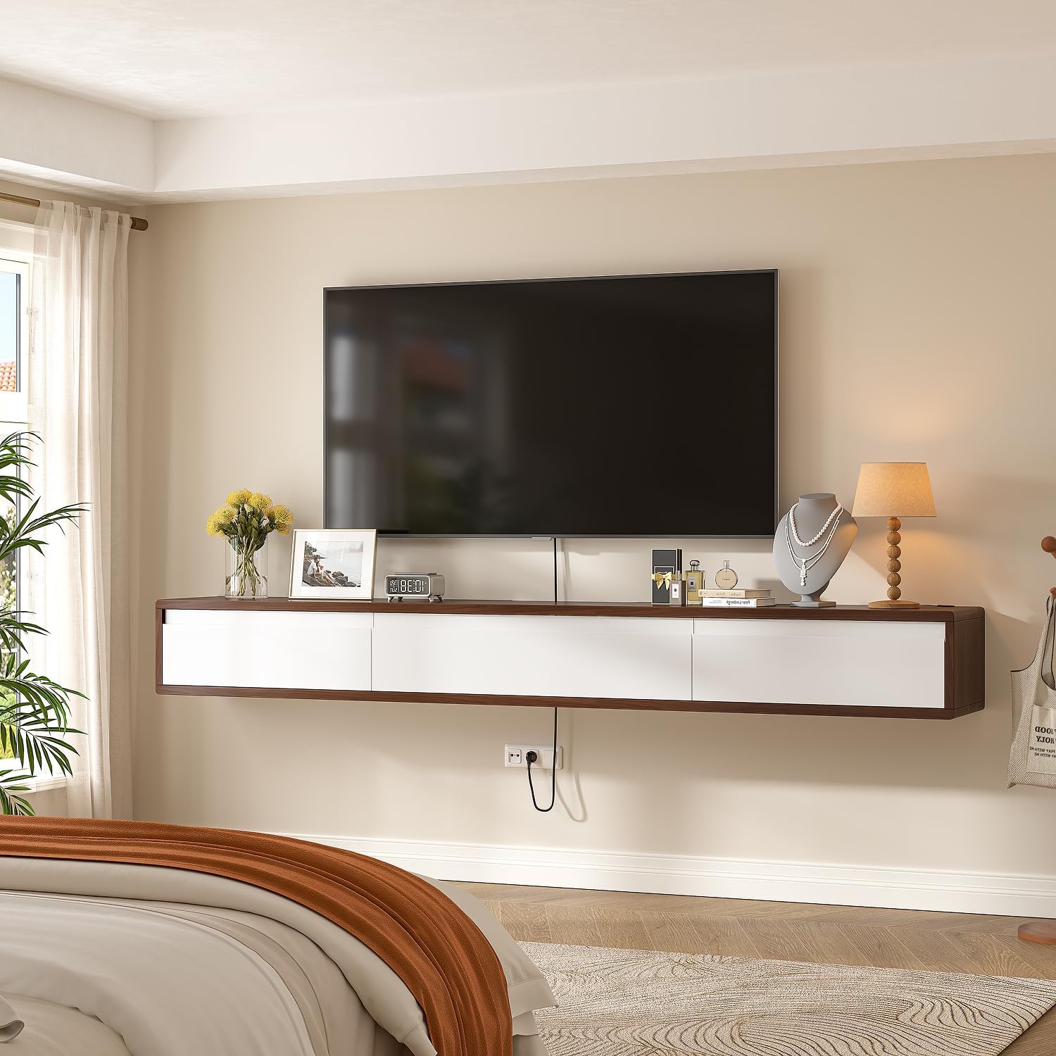 FurniNova Fully Assembled Floating TV Stand,High Gloss Wall Mount TV Console with 3 Doors, Under TV Shelf Entertainment Center for Living Room Bedroom,Walnut+White 55IN - Image 7