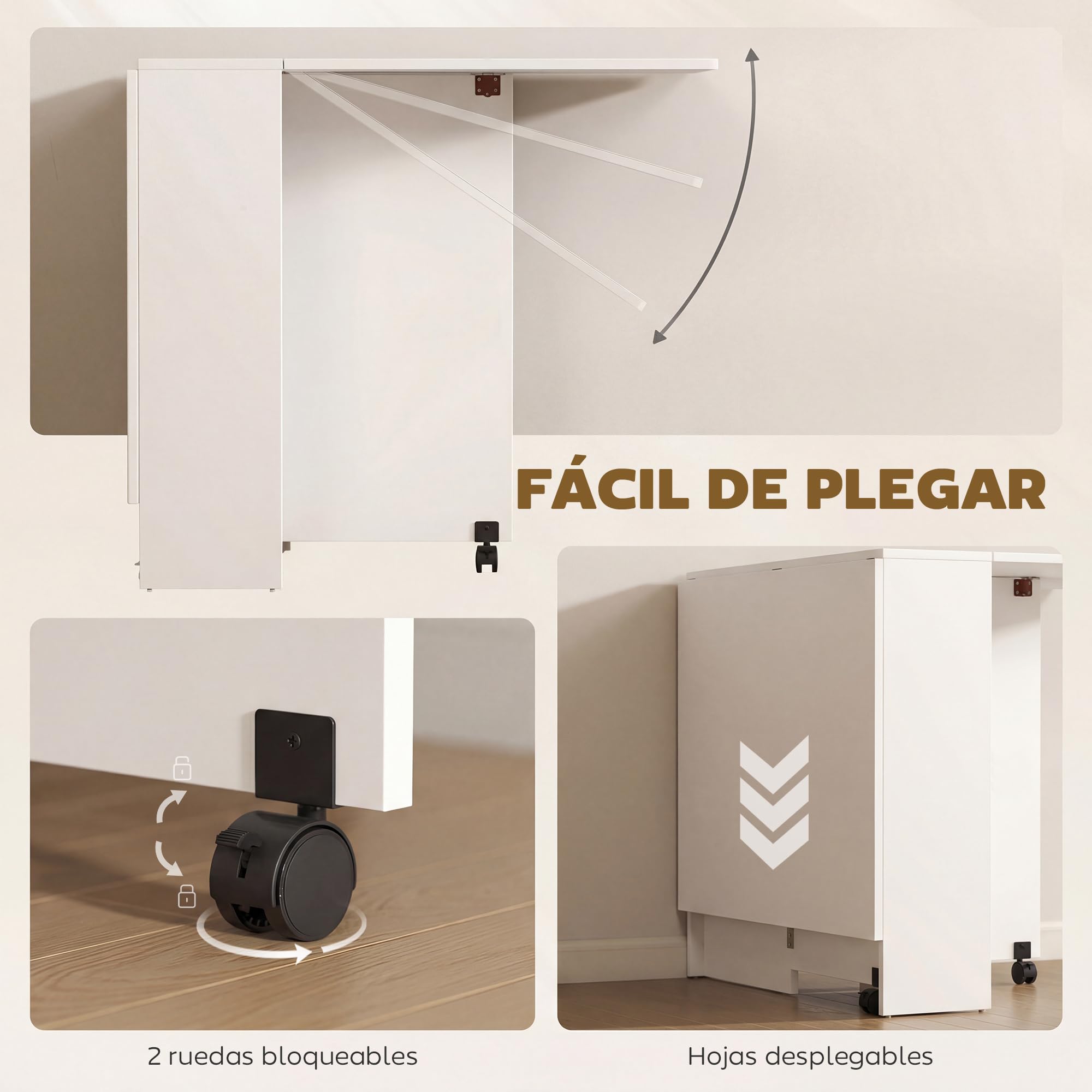 HOMCOM Mesa Plegable de Comedor Mesa de Cocina Plegable con Ruedas Alas Abatibles y Estantes para 4-6 Personas 75x140x74 cm Blanco