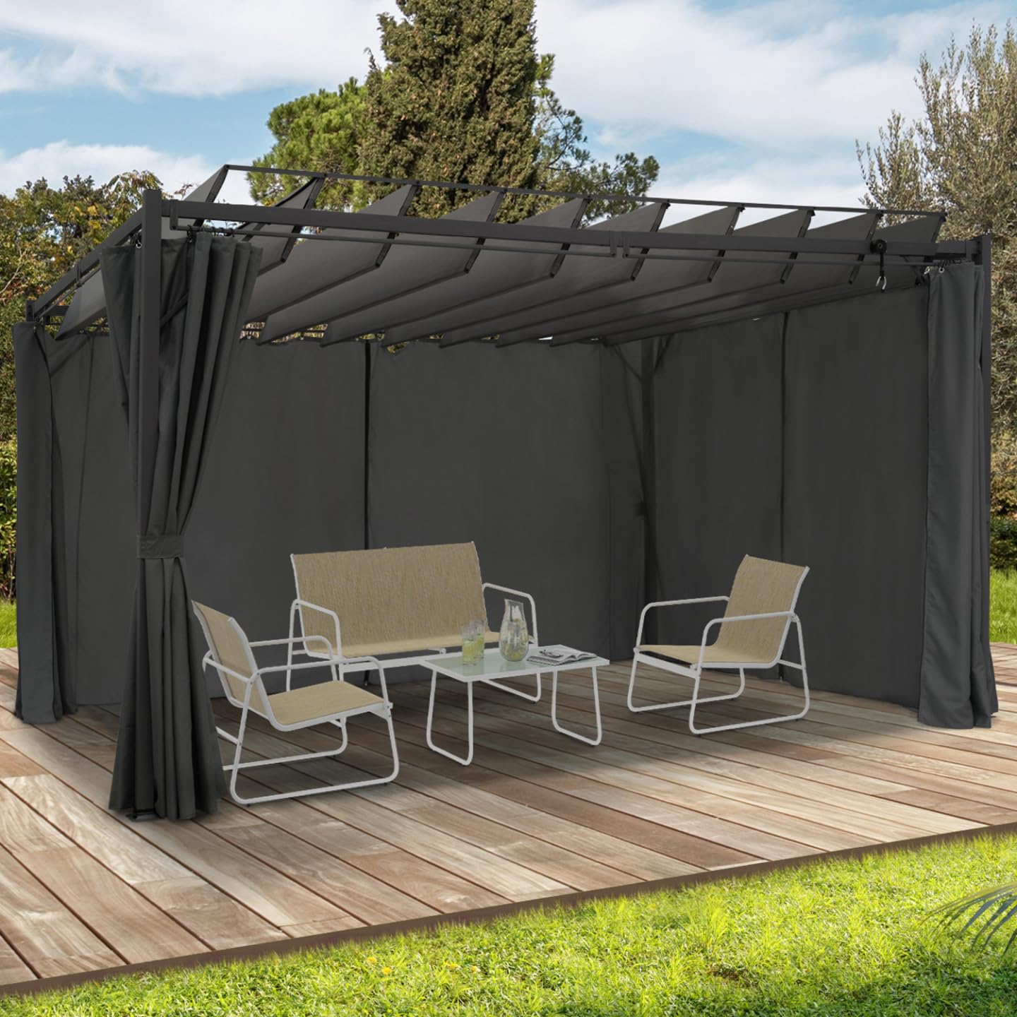 IDMarket - Pergola édition suprem Lames orientables 3x4 M et 4 Rideaux
