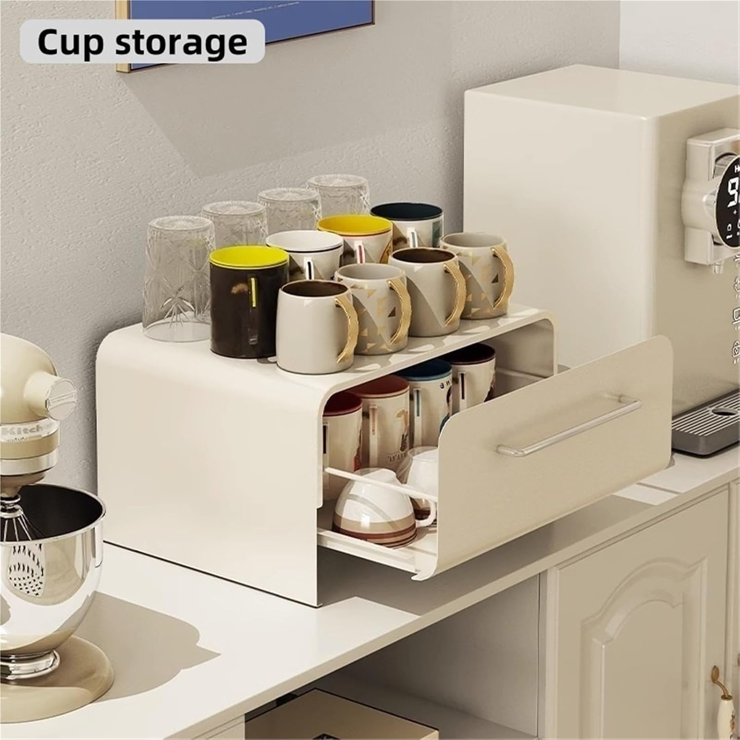 Scaffale portaoggetti a 2 Livelli con cassetti per Tazze, spezie e Altro, Organizer in Metallo per Cucina, Bagno e Soggiorno, Nero