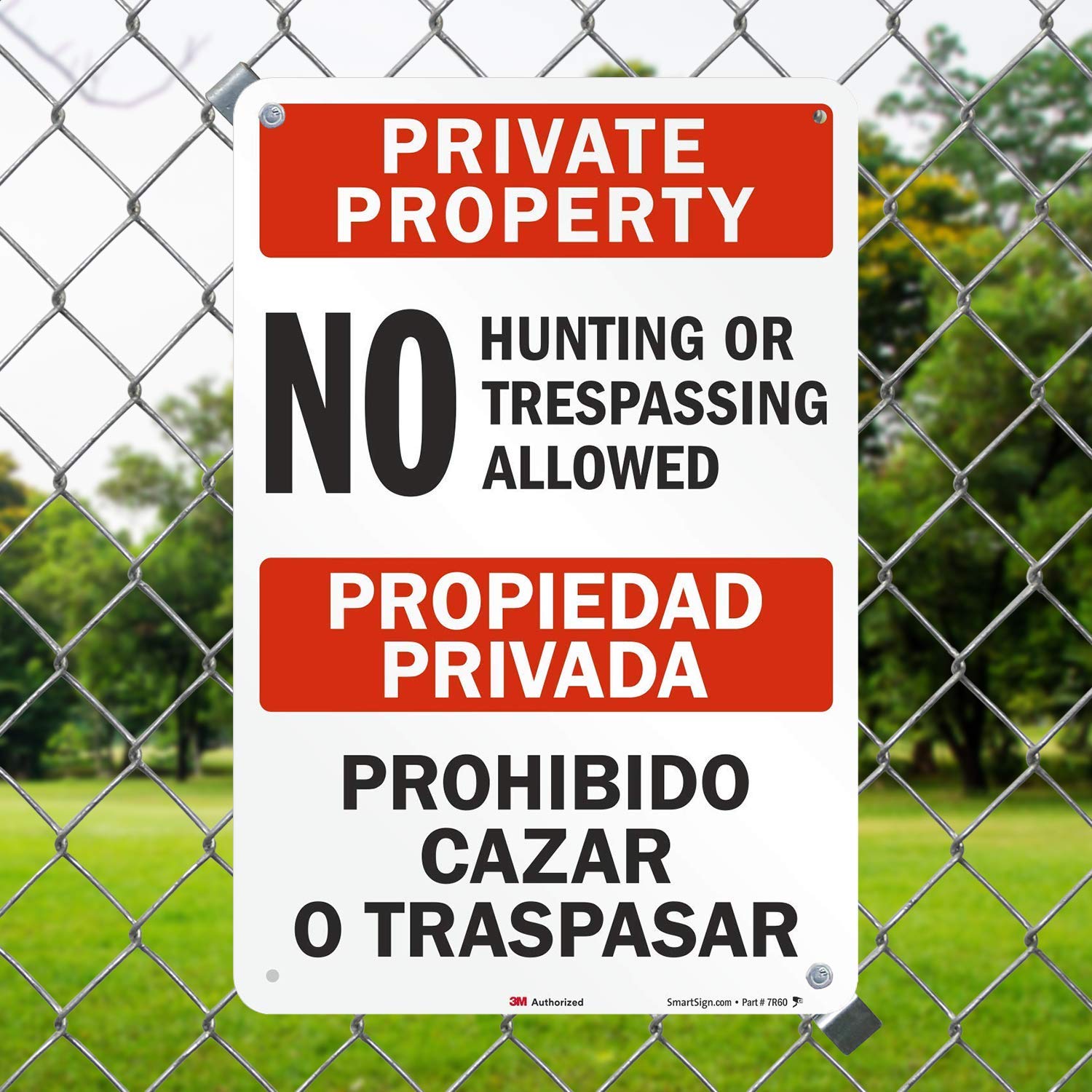 SmartSign 18" x 12" 'Private Property - No Hunting Or Trespassing Allowed' Bilingual Metal Sign, 63 mil Aluminum, 3M Laminated High-Intensity Grade Reflective, Red/Black/White, USA-Made