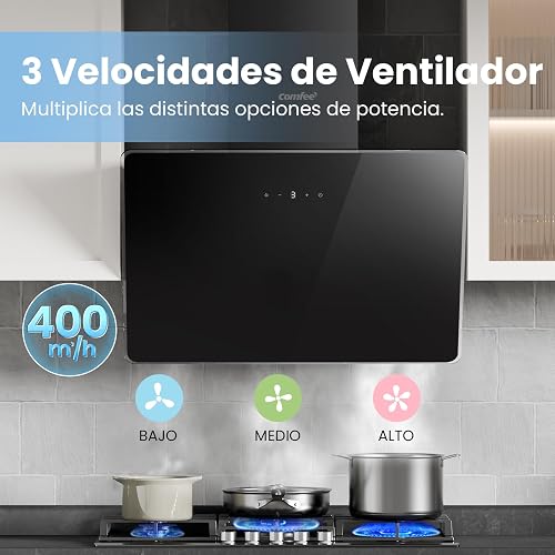COMFEE' ANGJ64B-60 Hotte aspirante inclinée 60 cm en Verre Trempé, 3 Niveaux de Vitesse, Écran Tactile LED, Recycle interne ou Évacuation extérieure, 60 cm - Noir - 2