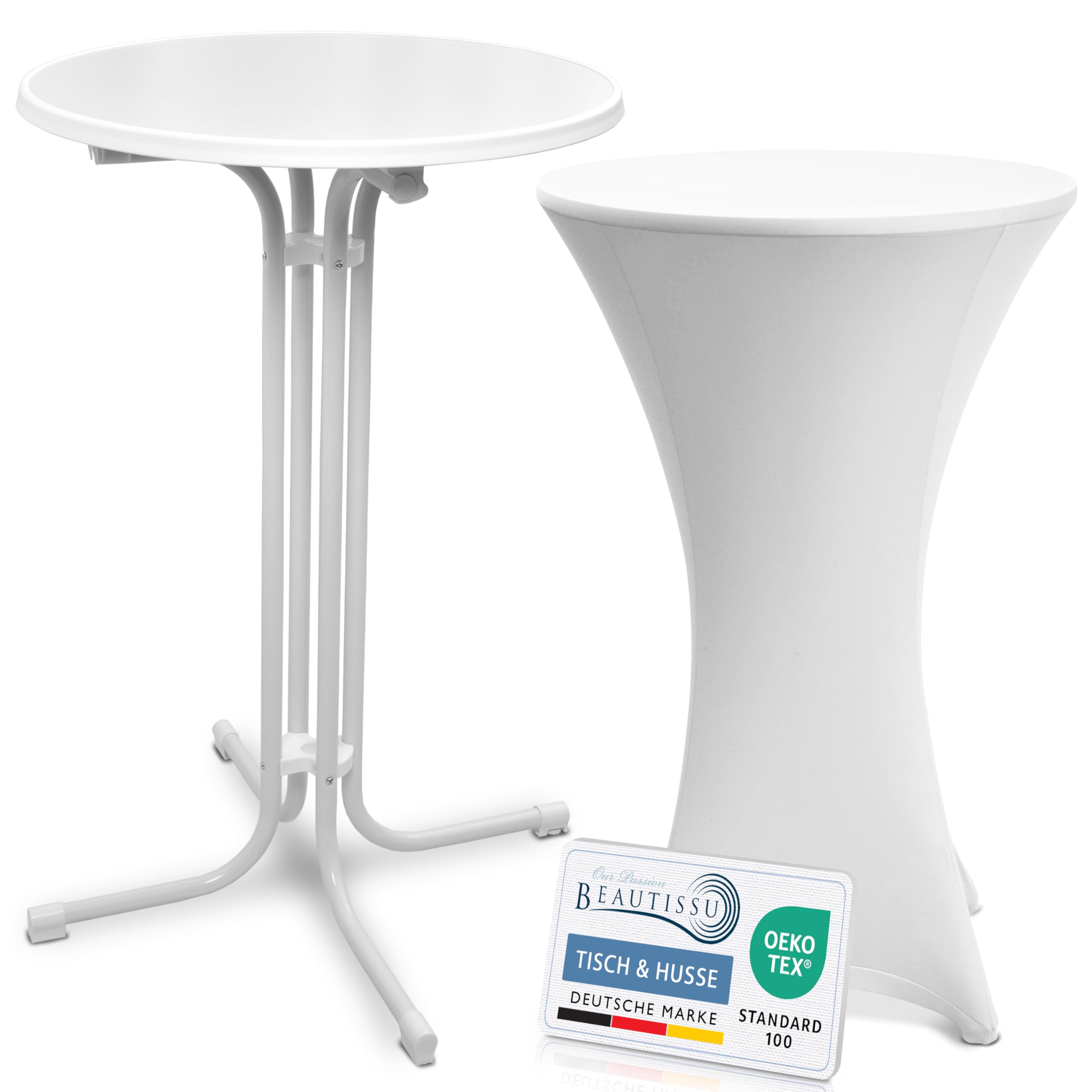 Beautissu Weißer Stehtisch klappbar 70 cm mit Stretch Stehtischhusse Weiß – Outdoor Bistrotisch Kratzfest, UV- & wetterbeständig – Husse rutschfest, waschbar & bügelfrei – Bellini & Stella
