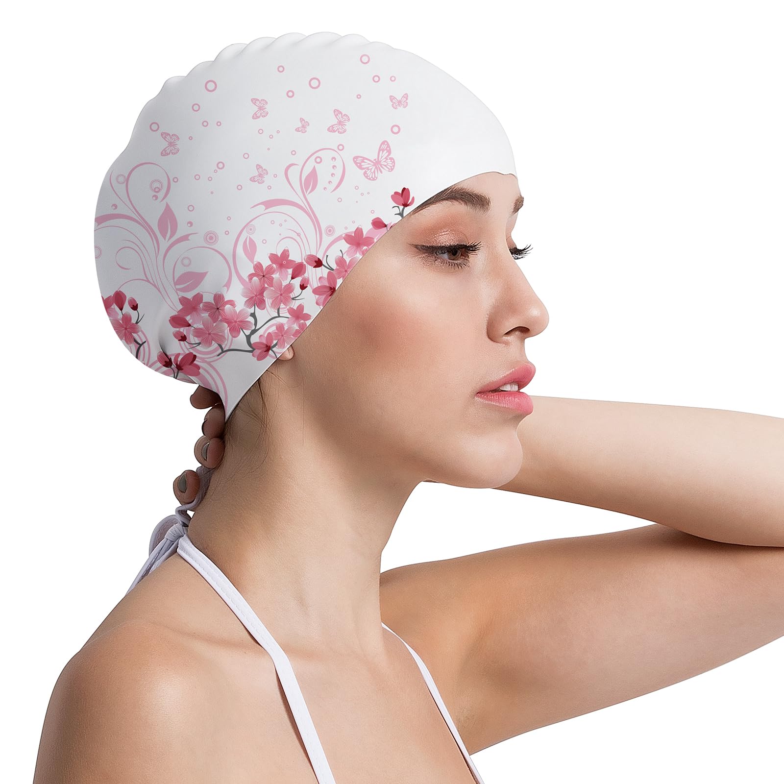 Swimming Cap Women, Adult Swim Cap for Hair and Ear Protection, Silicone Long Hair Swimming Cap for Women, which Keeps Hair Dry