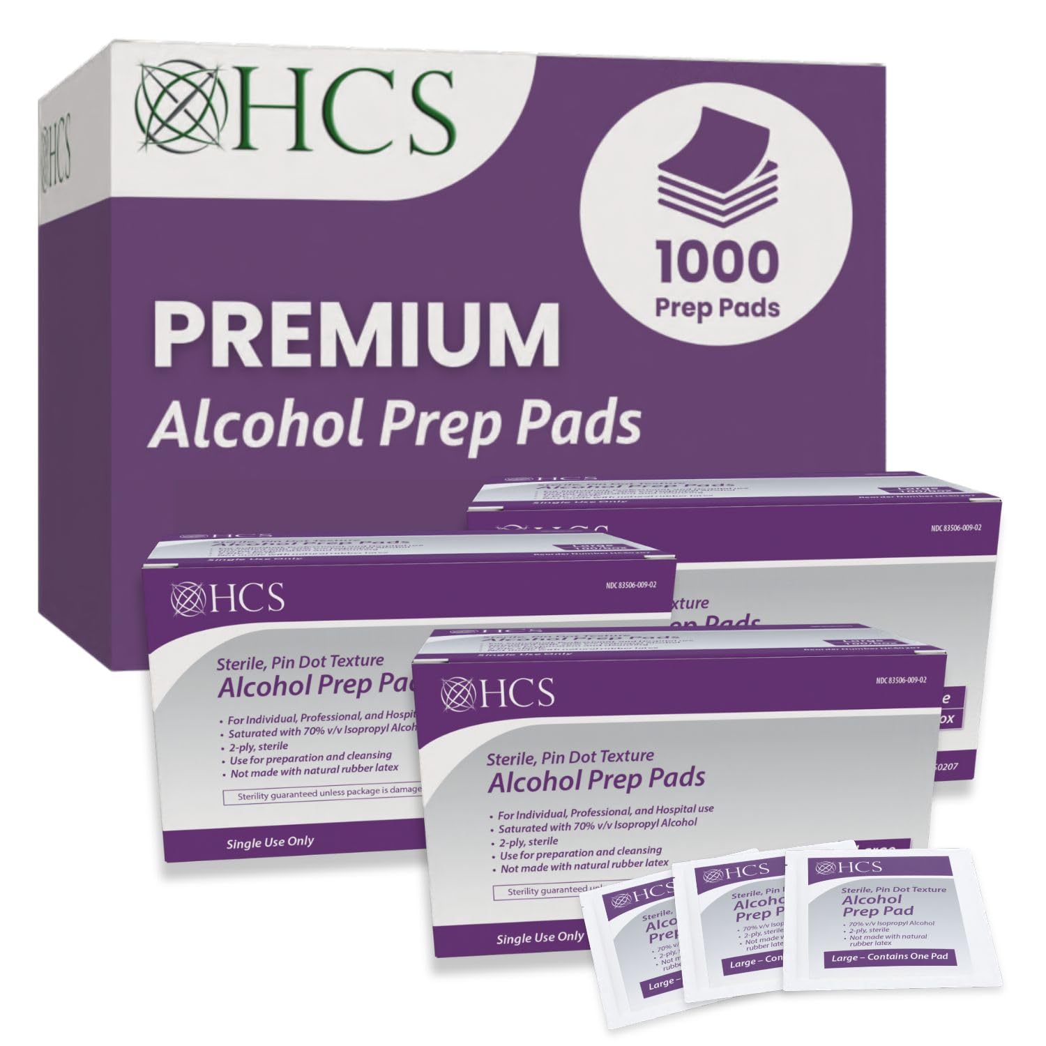HCS Bulk Large Alcohol Prep Pads - 70% Isopropyl Alcohol Wipes, Individually Wrapped - 2 ply, Textured, Sterile Skin Prep Swabs (1000/Case)