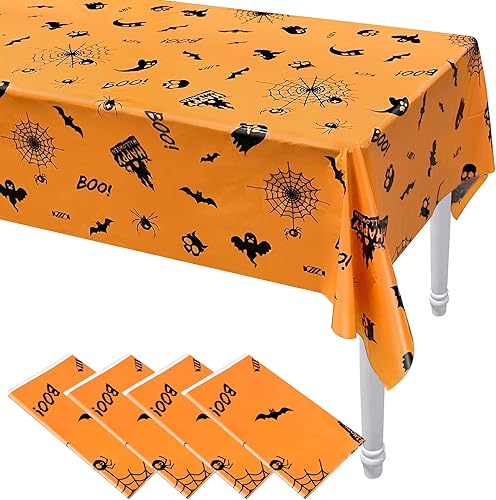 ELECLAND 4 manteles de Halloween naranja de 54 x 108 pulgadas, mantel rectangular de plástico de fantasma, para interiores y exteriores, fiesta de