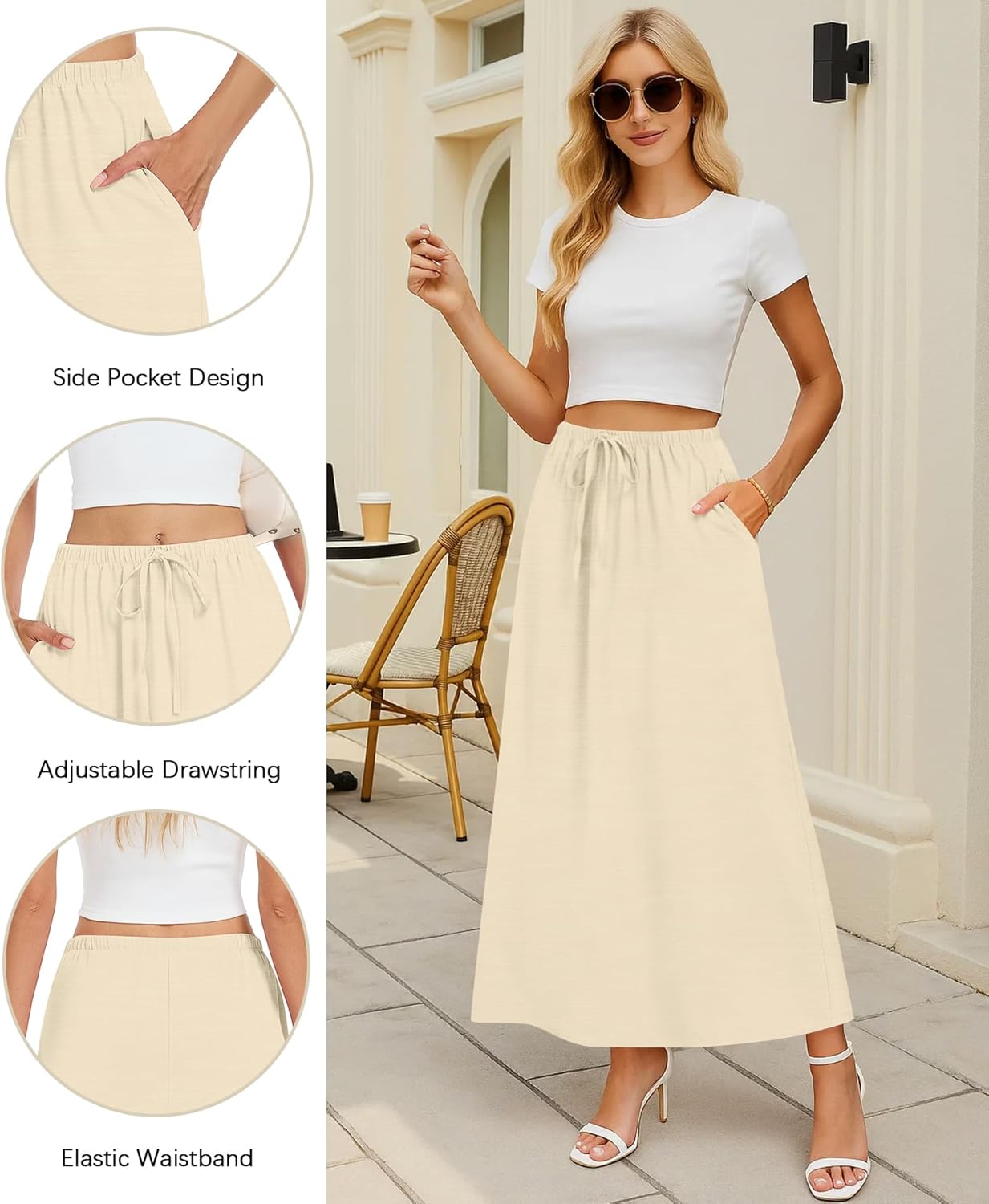 NILOUFO Womens Maxi Skirts High Waisted Adjustable Elastic Waist with Pockets Beach Flowy Casual Long Skirt - Image 4
