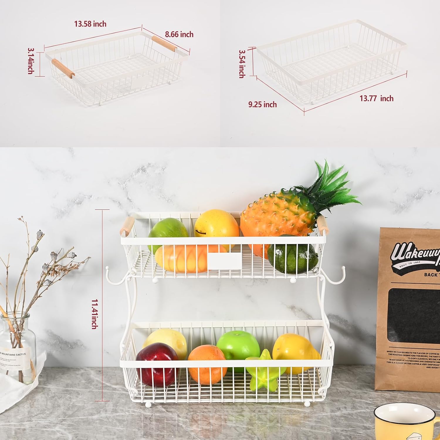 2 Tier Detachable Fruit Basket Bowl with 2 Banana Hangers, Fruit Stand Holder for Kitchen Countertop, Metal Wire Vegetable Storage Organizer, for Bread Snack Veggies Produce, White image 2