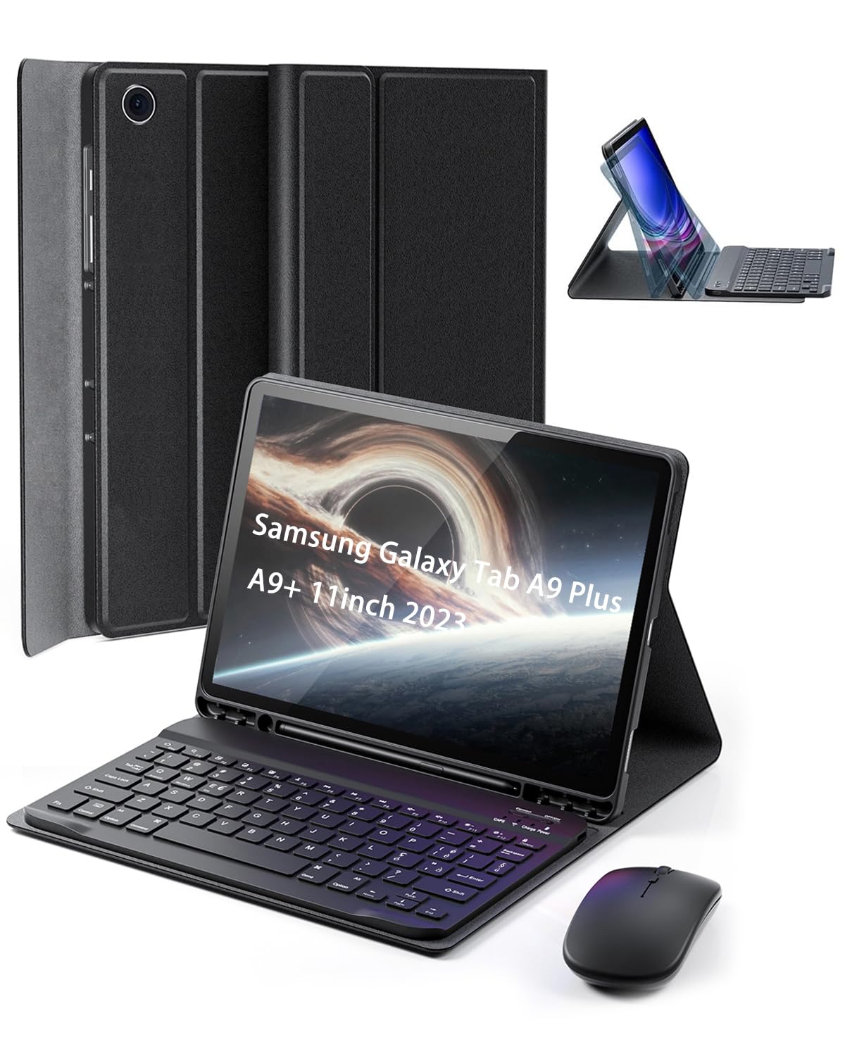 Samsung Galaxy Tab A11+ Plus 2025 Cover con Tastiera Bluetooth Wireless QWERTY e Mouse, Custodia Protettiva Keyboard Case Nero