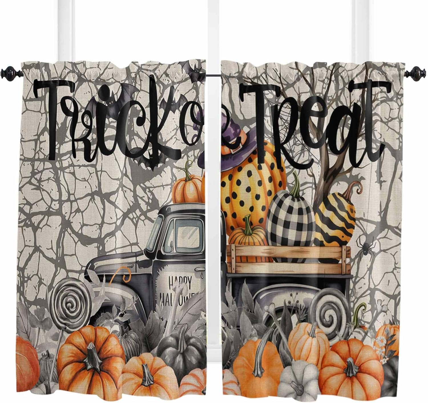 Halloween Kitchen Curtains, Retro Scary Pumpkin Truck Tree Branches Cobweb Light Filtering Window Curtain Panels, 2Pcs Rod Pocket Window Treatments Set for Cabin Bathroom Bedroom 52x45 Inches