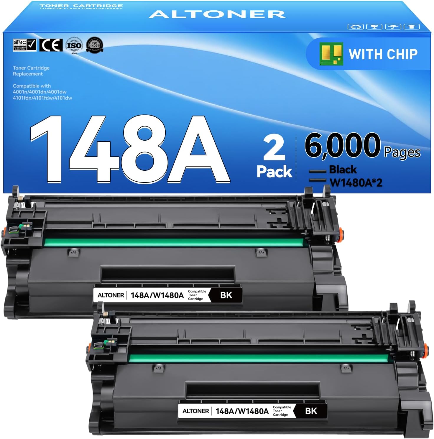 148A Toner Cartridge 2-Pack W1480A Black (with Latest Chip) – High-Capacity Replacement Compatible for HP Laser Jet Pro 4001n 4001dn 4001dw 4101fdn 4101fdw 6,000-Page Yield | 148A Monochrome