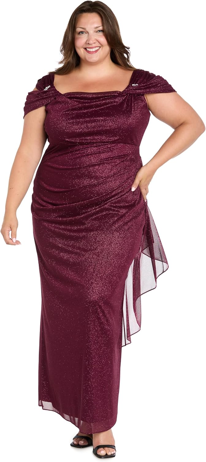 R&M Richards Women's Off-Shoulder Maxi Gown | Empire Waist Glitter Chiffon Dress W/Rhinestone Detail | for Evening Cocktail