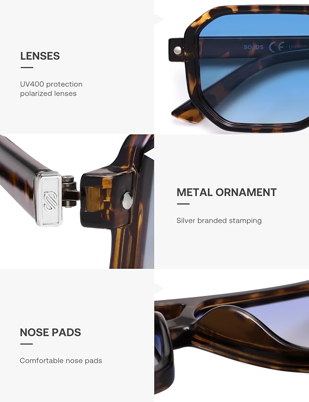 SOJOS Retro Polarized Square Aviator Sunglasses for Women Men Vintage 70s UV400 Protection Shade SJ2609 Tortoise Blue Grading Lens image 5