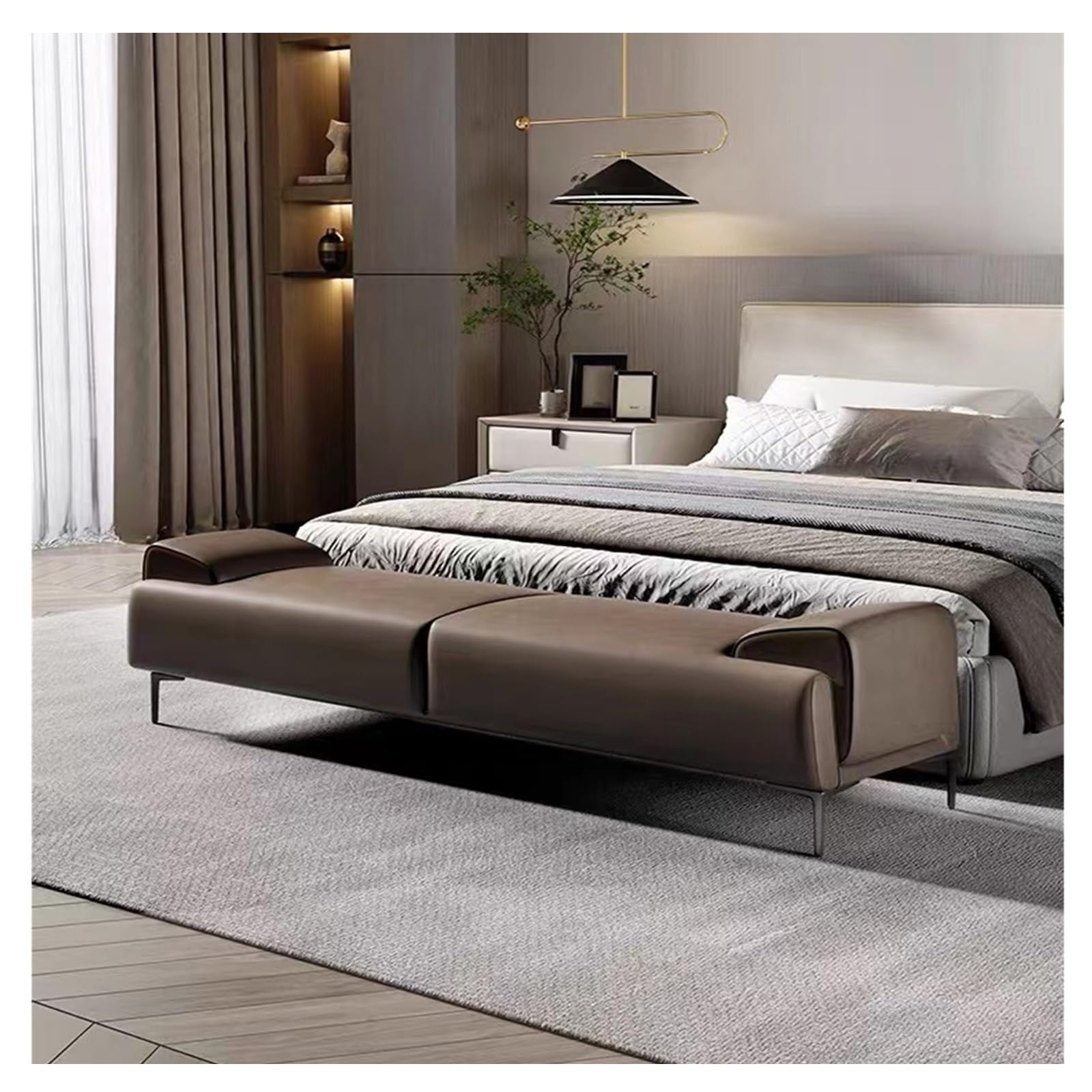 RENEESME Foot Stool for Bed Upholstered Footstool - End of Bed Stool for Makeup and Bedroom End of Bed, Leather Footstool with Armrests Bed Step Stools for High Beds(B,180 * 45 * 45cm)