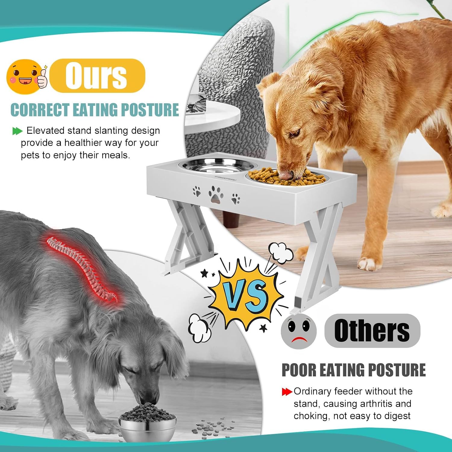 URPOWER Elevated Dog Bowls Adjustable Raised Dog Bowl with 2 Stainless Steel 1.5L Dog Food Bowls Stand Non-Slip No Spill Dog Dish Adjusts to 3 Heights 2.8”, 8”, 12”for Small Medium Large Dogs & Cats