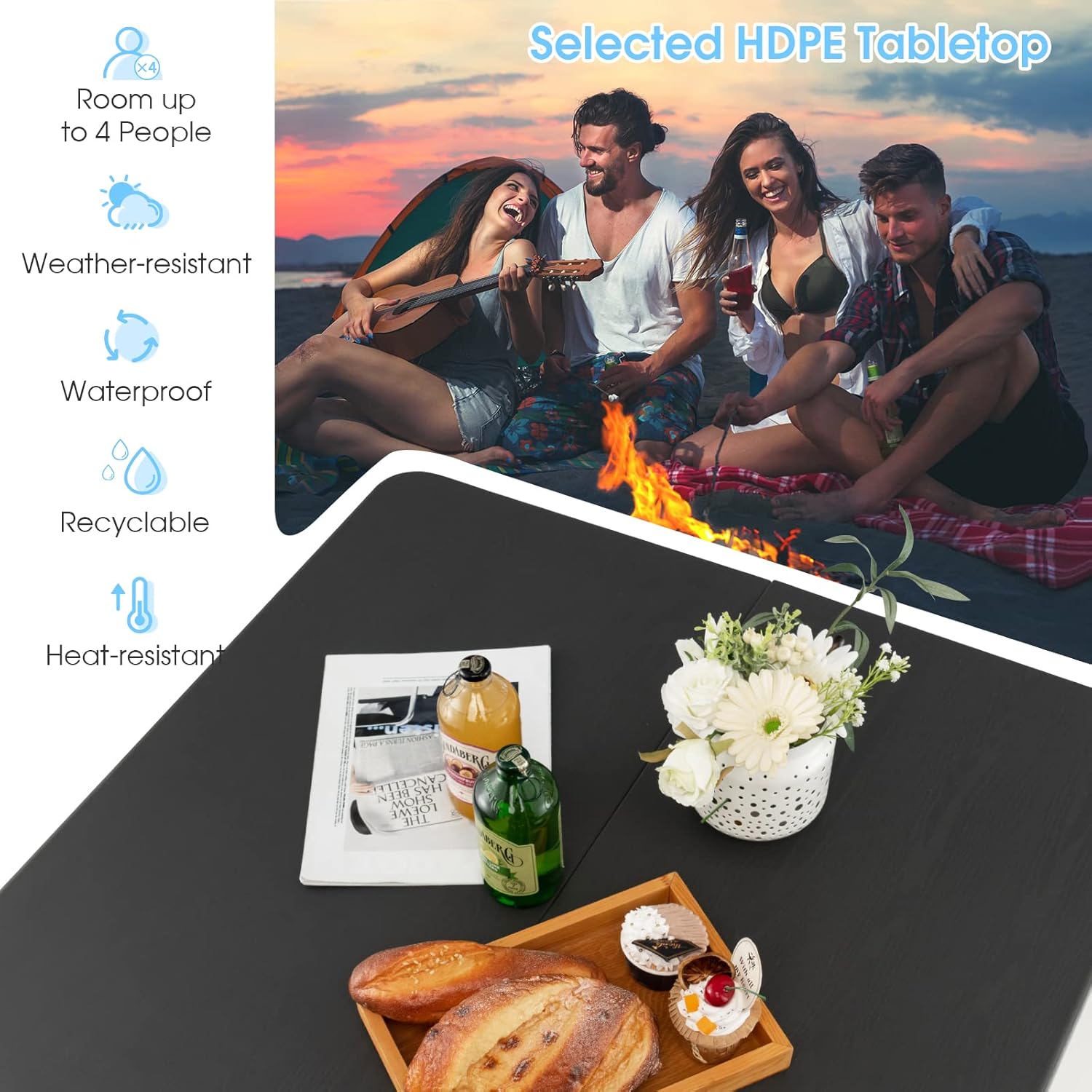 Goplus 34" Square Folding Card Table, Portable Plastic Utility Folding Tables with Collapsible Legs & Carrying Handle, Indoor Outdoor for Picnic, Party, Dining, Camping, BBQ, Grey