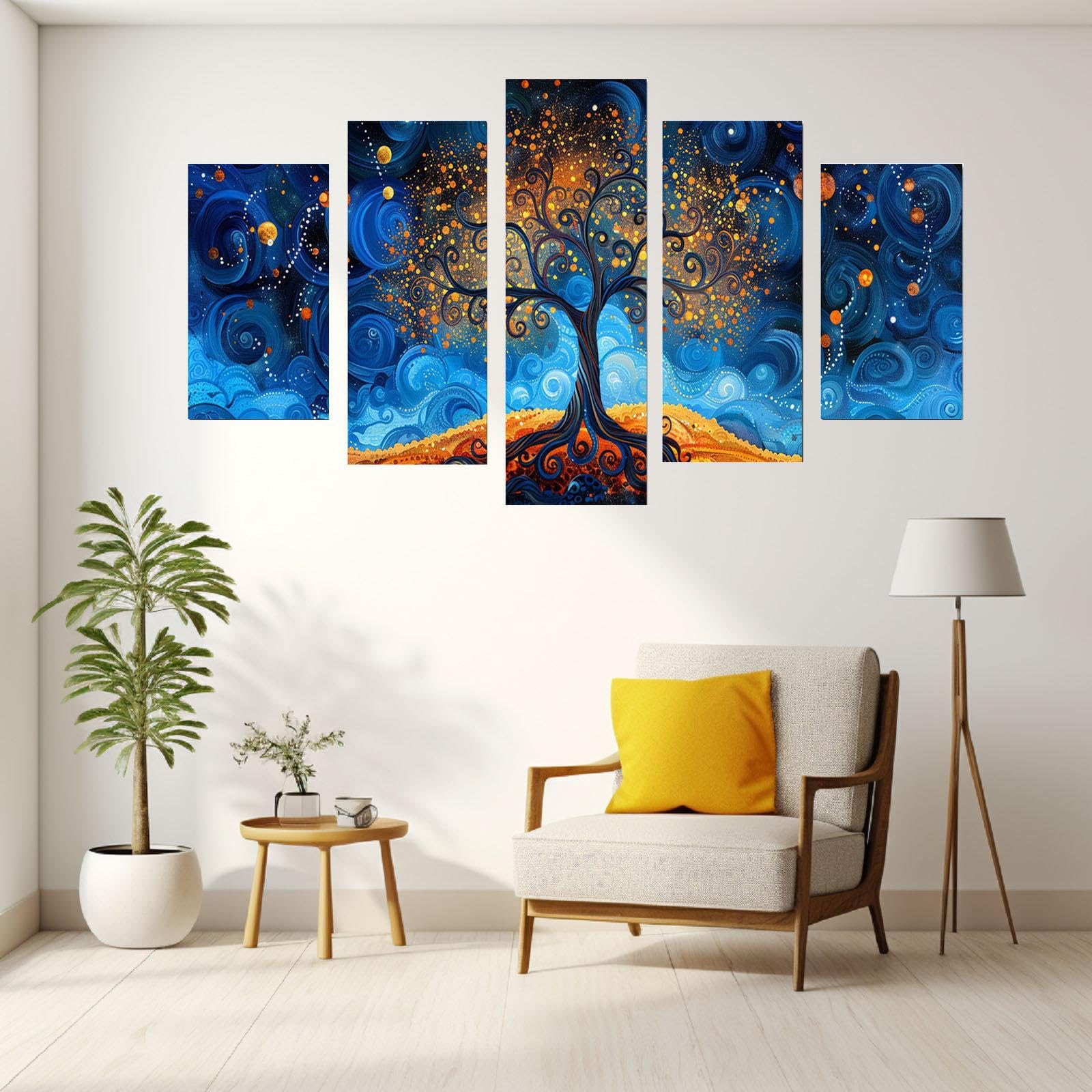 JOSUE Set de 5 áRbol De La Vida Cuadros Lienzo Árbol abstracto Cuadros BañO Lienzo,Azul, amarillo Cuadro Cartel Sala De Estar Cuarto De BañO Comedor Decorativos-60x125cm Enmarcado