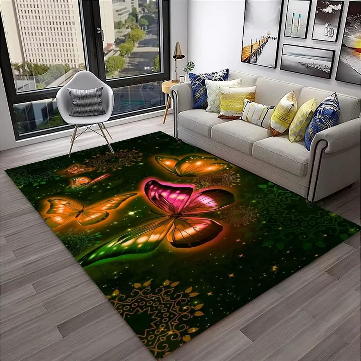 Tapis papillon fille 160x200 cm en flanelle bleu violet doré