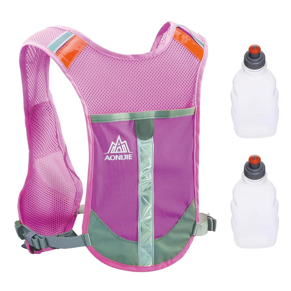 TRIWONDER Reflective Running Vest for Men Women Runners Hydration Pack Water Backpack for Marathon Race Cycling Hiking Festival Raves (Rose Red - with 2 Water Bottles)